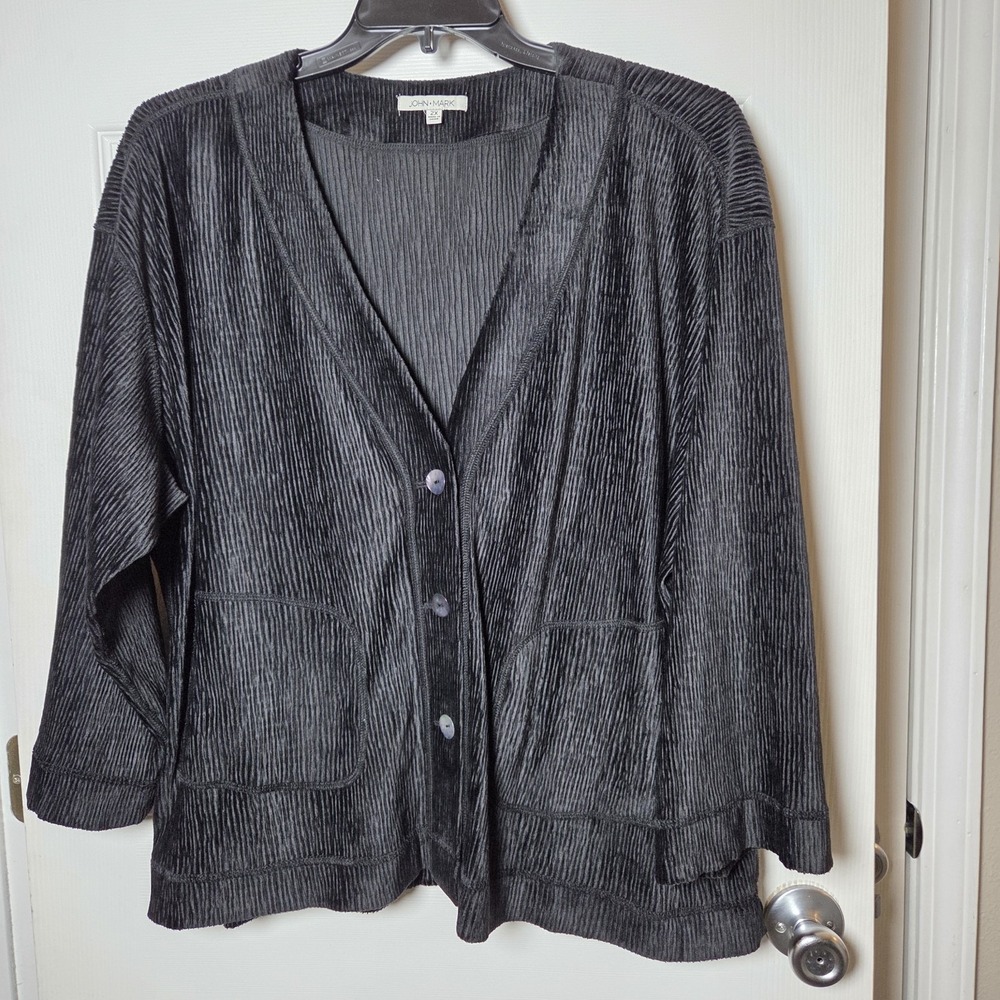 John Mark sz 2X blk velour ribbed v-neck cardigan top NWT casual basic chic